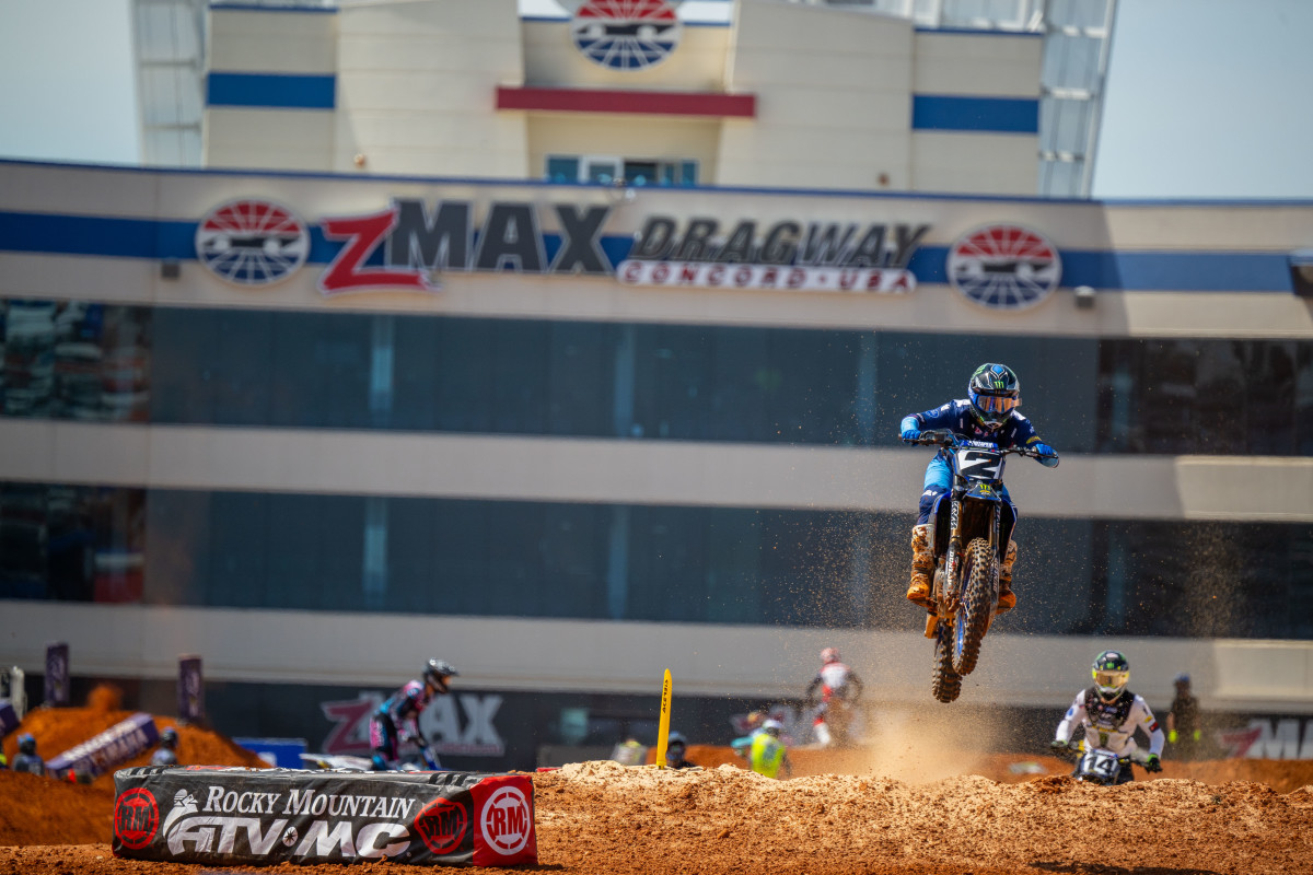 Cooper Webb catches some good air right in front of the media center and suites at zMAX Dragway. Photo provided by Dan Beaver.
